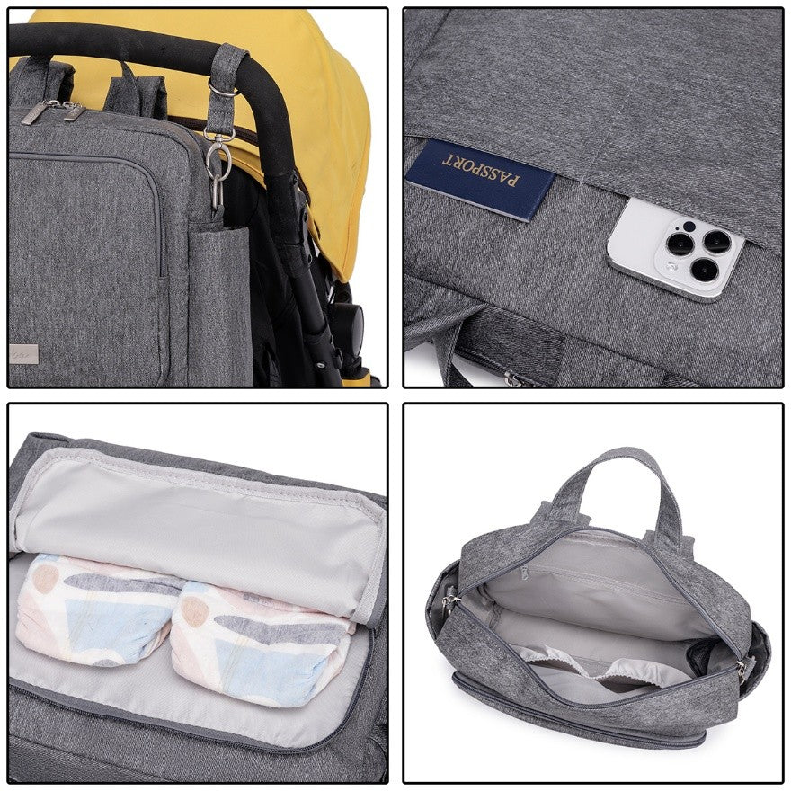 ECHO Vegan Leather Diaper Bag in Denim Texture Print - Lightgray