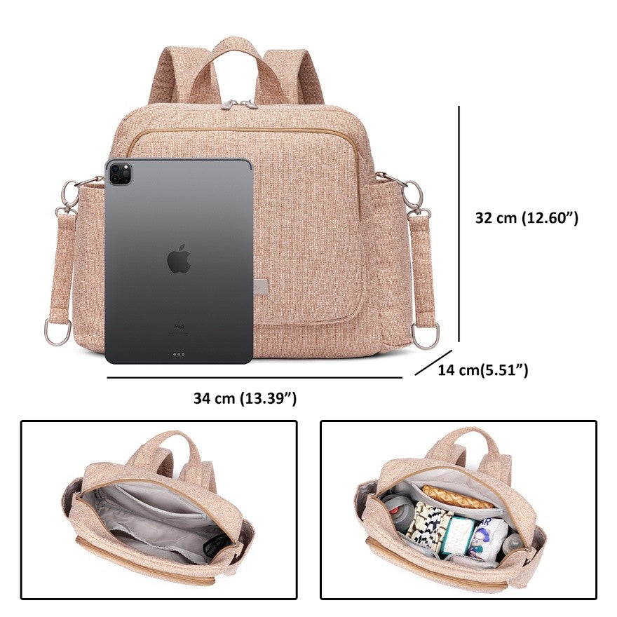 Sandybrown diaper bag backpack with multiple compartments and adjustable straps, shown with tablet and baby essentials