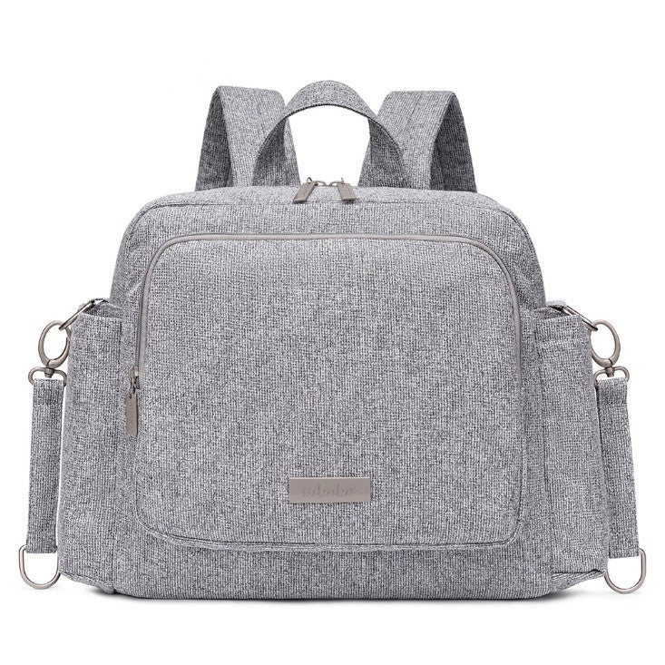 Gray sandybrown diaper bag backpack with multiple compartments and adjustable straps