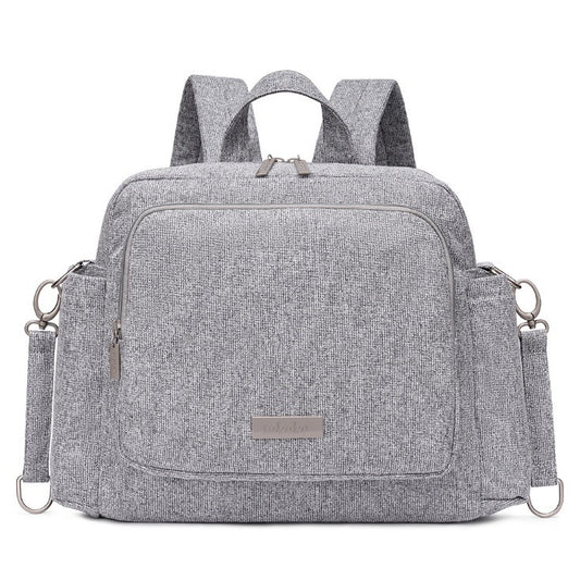 Gray sandybrown diaper bag backpack with multiple compartments and adjustable straps