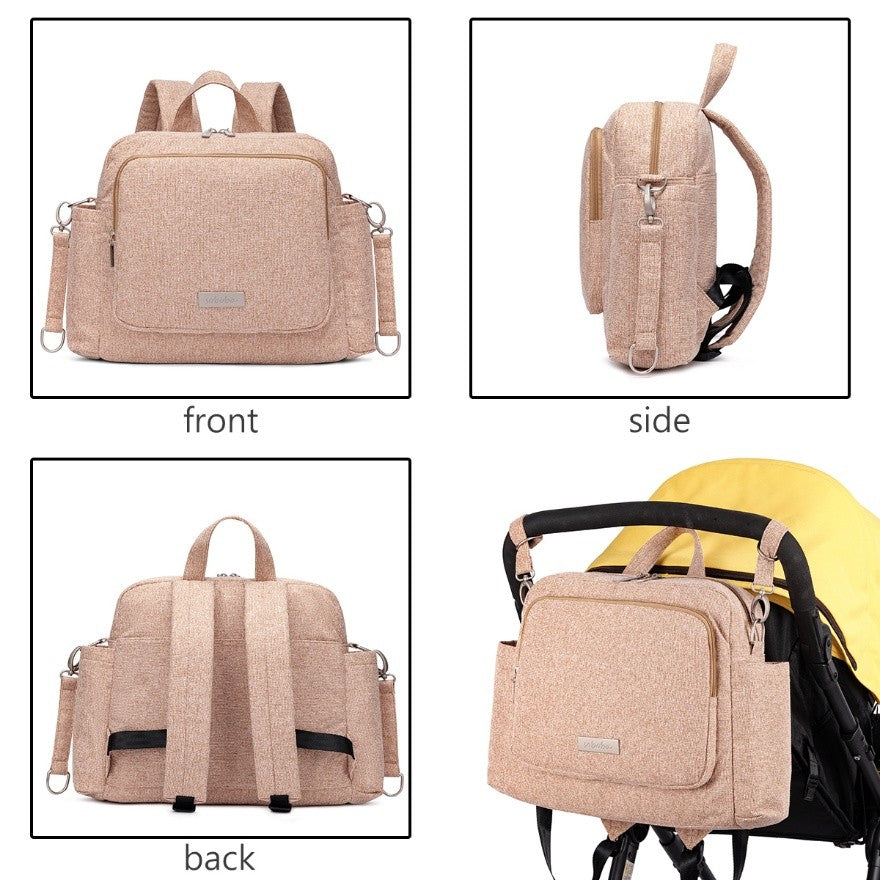 Sandybrown diaper bag backpack shown from front side back and attached to stroller for convenient baby storage