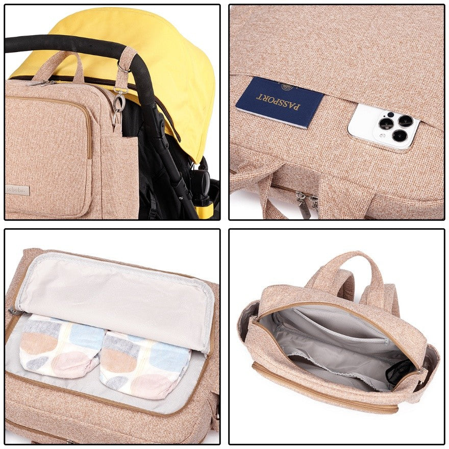 Sandybrown diaper bag backpack with multiple compartments including stroller straps and insulated pockets
