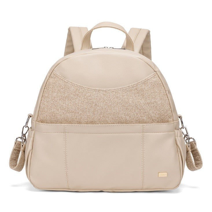 Beige vegan leather diaper bag backpack with multiple pockets and detachable accessories