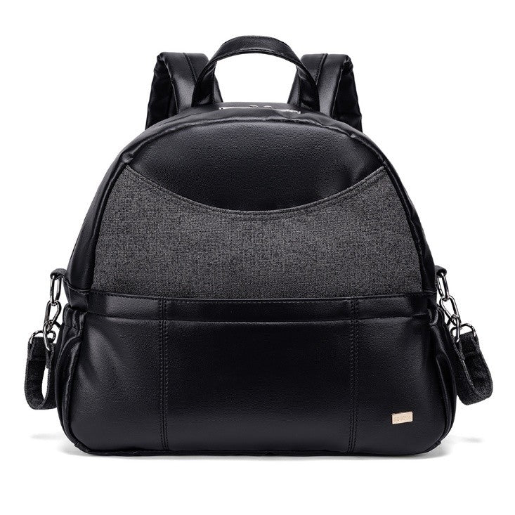 Black and gray vegan leather diaper bag backpack with multiple pockets and adjustable straps
