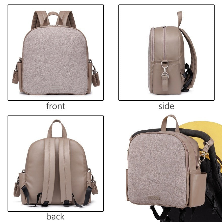 Taupe vegan leather diaper bag backpack shown from front side back and on stroller