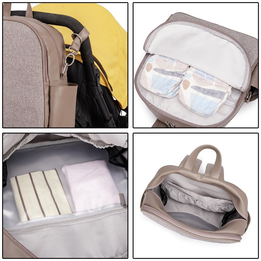 Vegan leather diaper bag backpack with multiple compartments for baby essentials and stroller straps