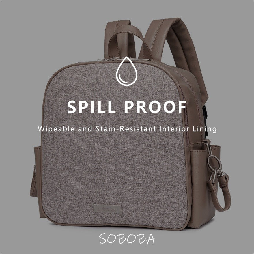 Spill proof vegan leather diaper bag backpack with wipeable and stain-resistant interior lining