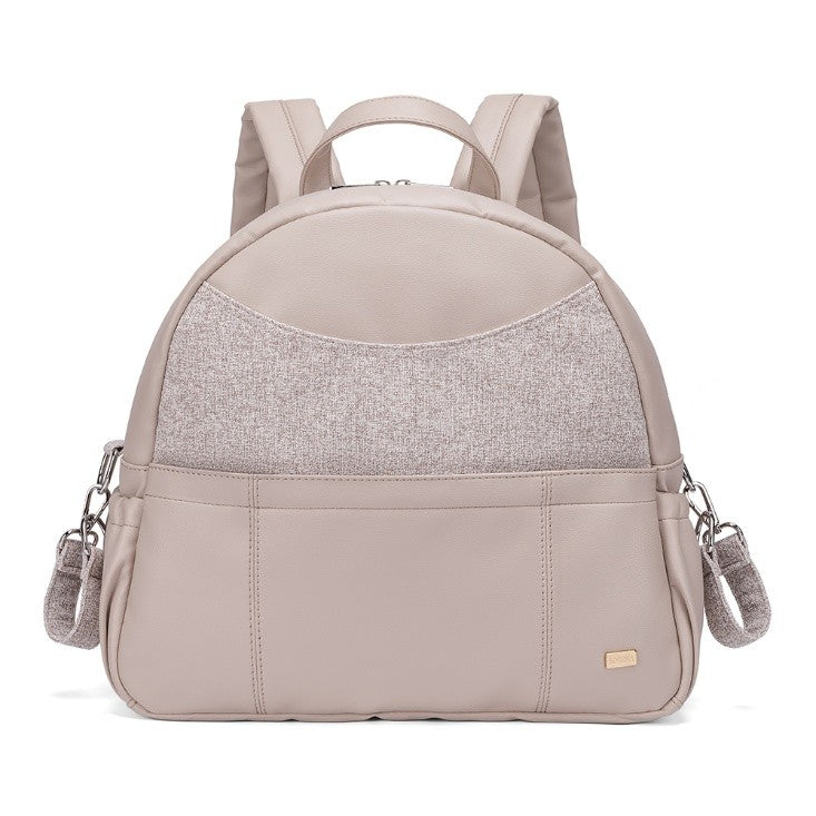 Beige vegan leather diaper bag backpack with fabric accents and multiple compartments