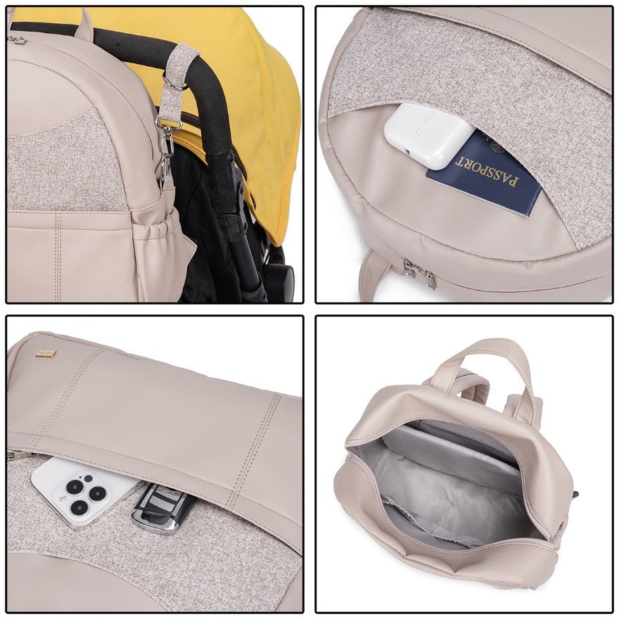 Beige vegan leather diaper bag backpack with multiple pockets and compartments for easy organization