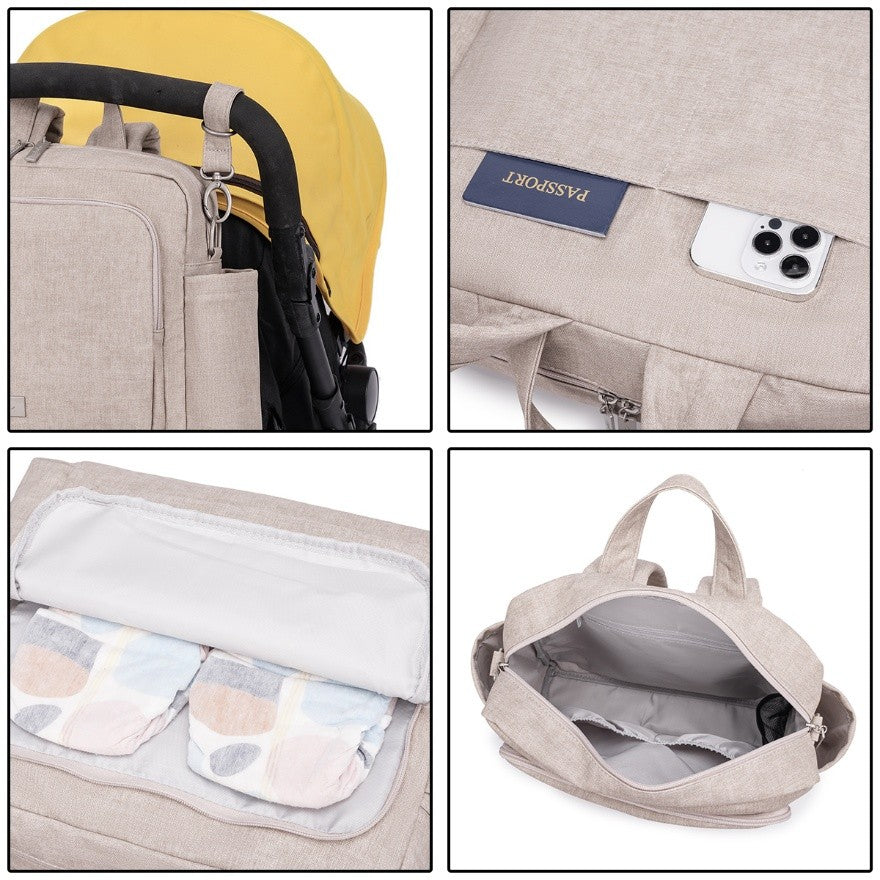 Beige vegan leather diaper bag backpack with multiple compartments and stroller straps