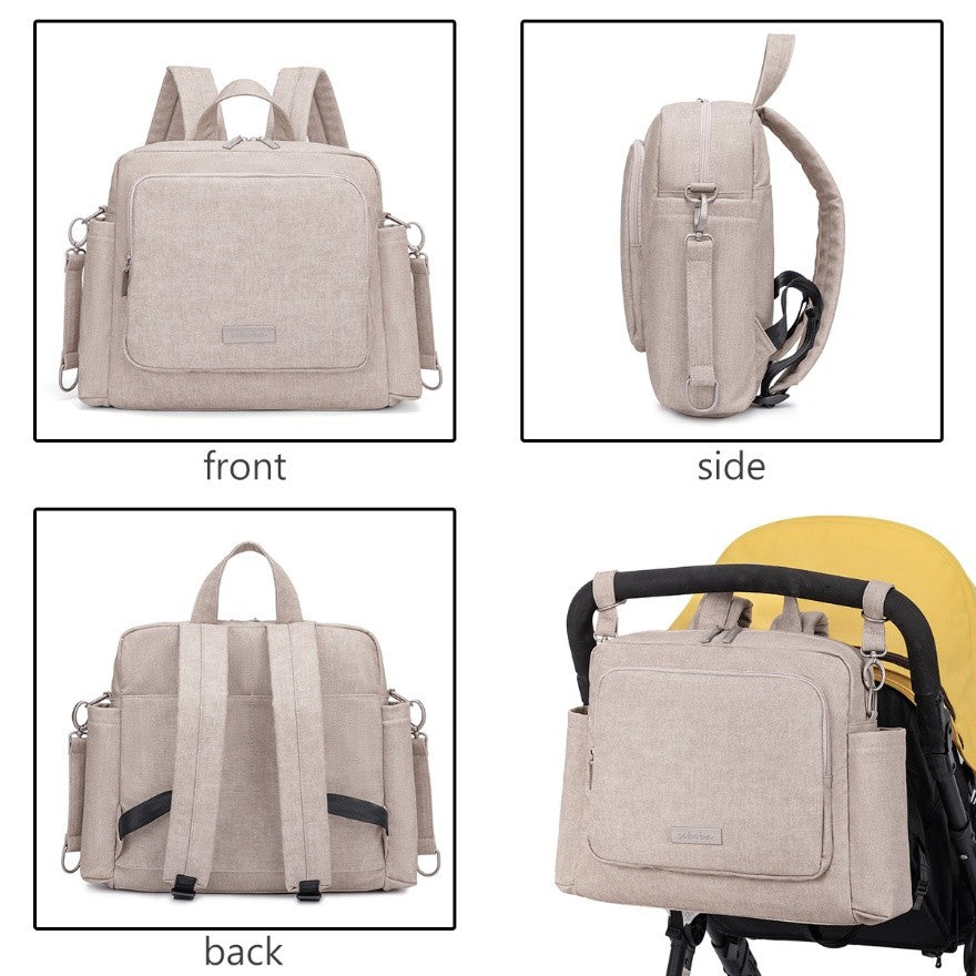Beige vegan leather diaper bag backpack shown from front side back and attached to a stroller