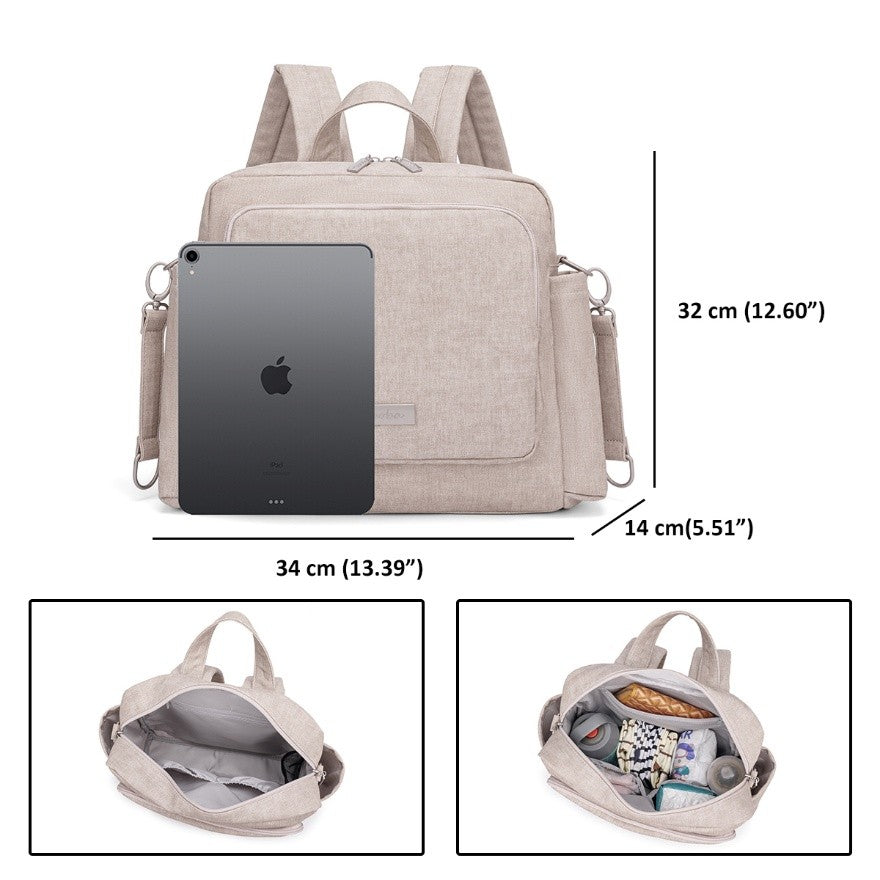 Beige vegan leather diaper bag backpack with dimensions and storage capacity shown, including internal compartments
