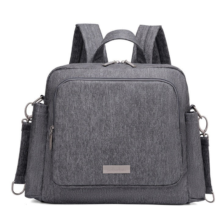 Gray vegan leather diaper bag backpack with multiple compartments and adjustable straps